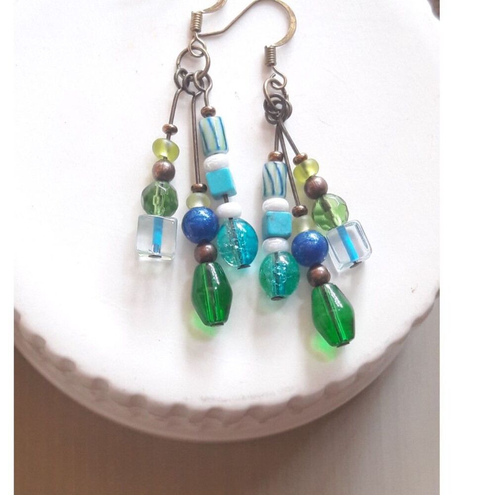 Blue Howlite Antique.Bronze Hooks Hidden Meaning earrings Throwback Kid, G  364■